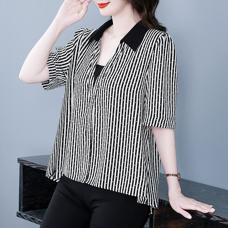 2025 новый летний стиль с лацканами, универсальная вертикальная полосатая шифоновая рубашка для повседневной носки, топы больших размеров, женская одежда для отдыха