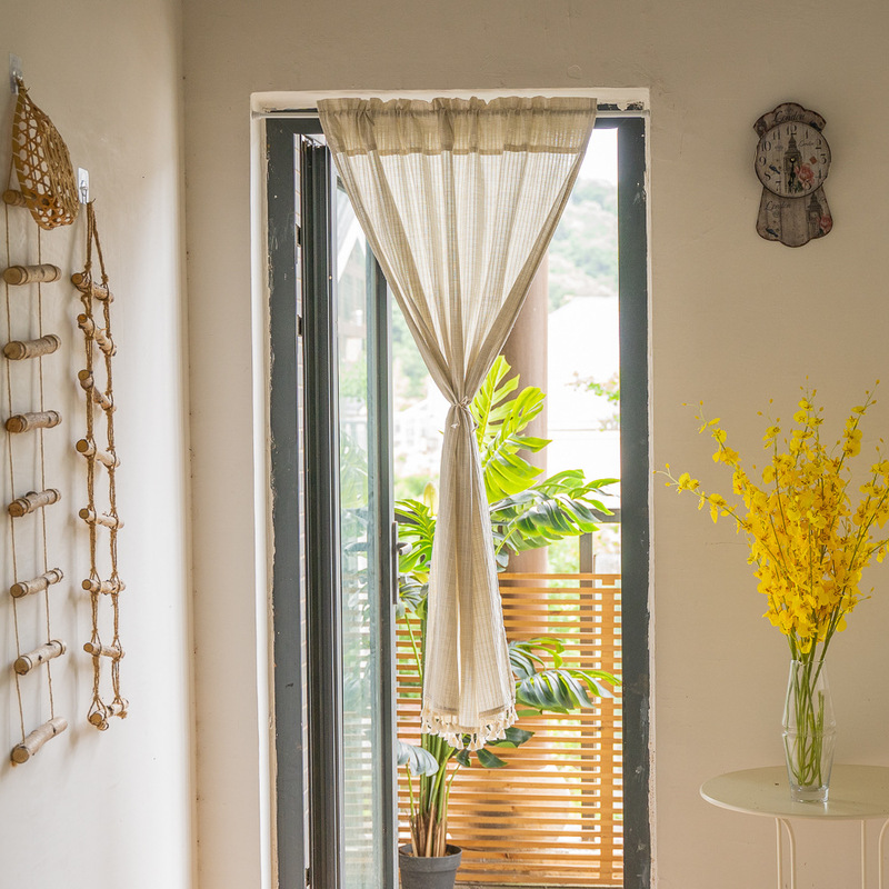 Korean and Japanese Style Ins Punch-Free Partition Curtain Stripesd Cotton and Linen Fabric Curtain Home Kitchen Coffee Door Curtain