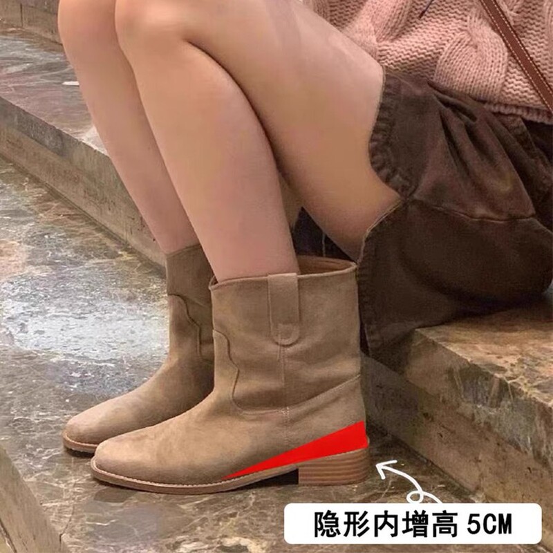 牛皮版~内增高韩版小众宽筒V口西部靴女粗跟真皮短靴方头时装靴子|undefined