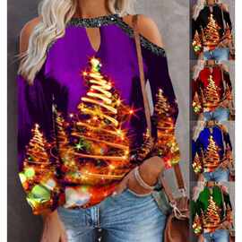 2021秋冬新款女装圣诞麋鹿印花挂脖圆领露肩性感长袖套头T恤上衣