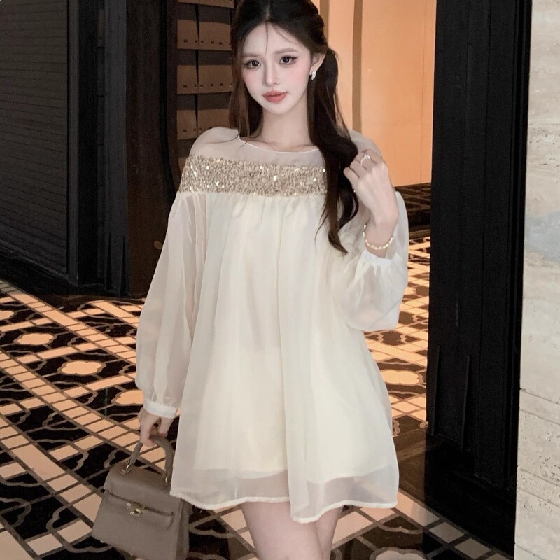 2026 New Sweet One-Shoulder Dress with Irregular Chiffon Shirt and Gentle Sequin Patchwork Dress for Women in Summer