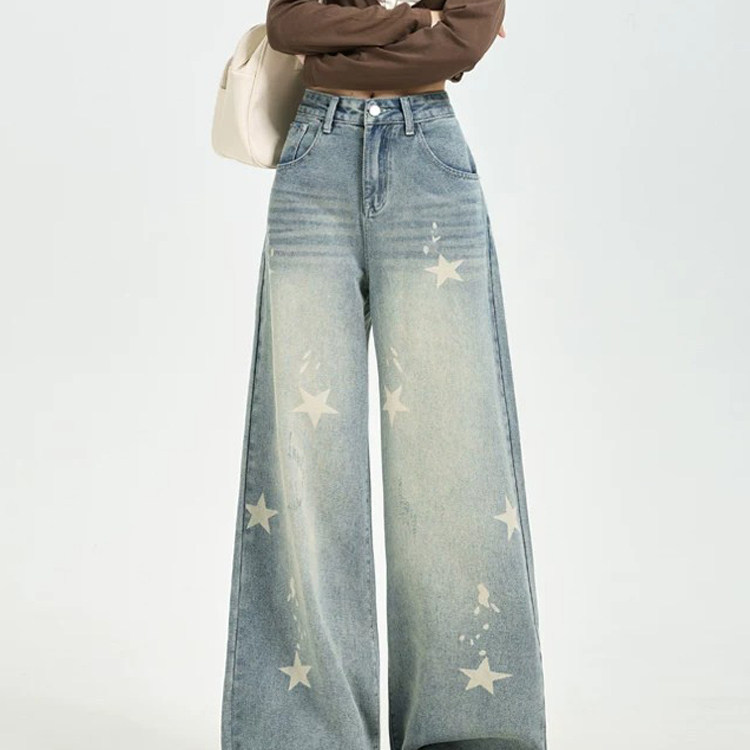 American Retro Star-Print Wide-Leg Jeans for Women, Summer High-Waisted Loose Straight-Leg Slimming Design Floor-Length Pants