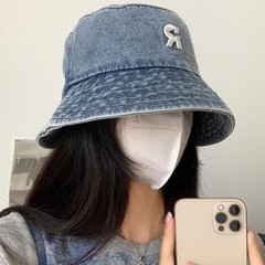 水洗いデニム漁夫帽女性夏アルファベット盆帽大きなつば日本系プリクラ屋外日よけ日焼け止め帽子