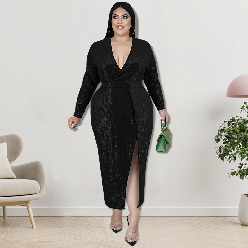 Dameskleding Plus Size Fluweelbasis Geborduurde Pailletten V-hals Lange Mouwen Bodycon Midi Jurk_voghion.com