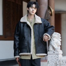 美式复古皮毛一体外套男冬季加绒加厚羊羔绒棉服痞帅炸街机车棉衣