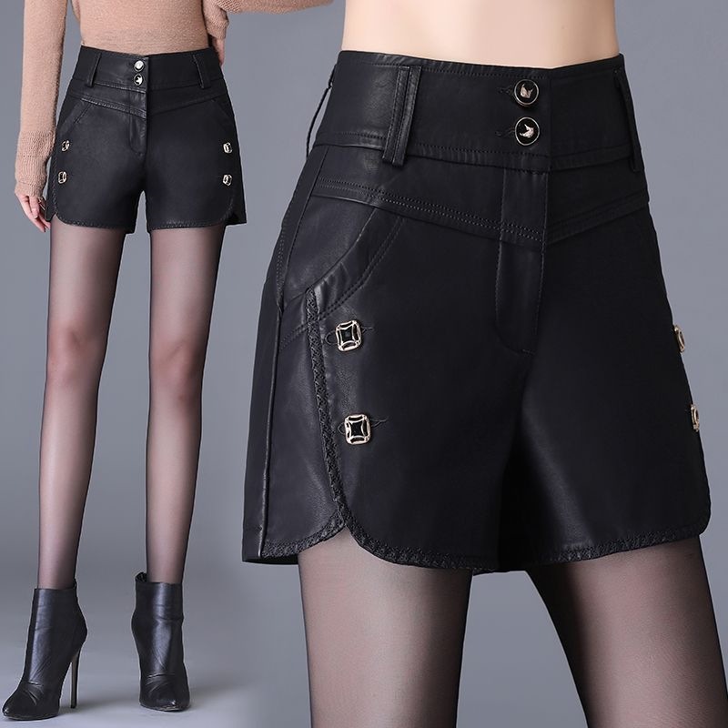 High-Waisted Pu Leather Shorts for Women, Autumn and Winter New Style, Plus Size, Versatile, Slimming, Korean Version, Middle-Aged Mom, Outerwear Boot Shorts, Trendy