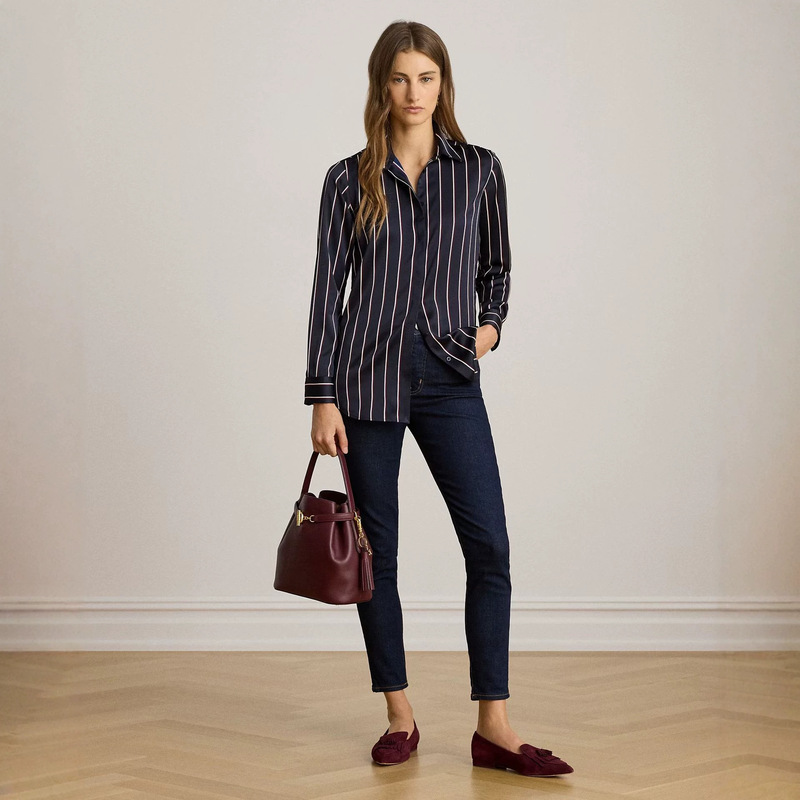 European and American 2026 Fall/Winter Best-Selling Cross-Border Casual Artistic Loose-Fit Navy Blue Satin Striped Shirt