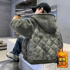 男童夹棉外套秋冬款2025新款中大童冬季加厚棉衣儿童拼接连帽棉服