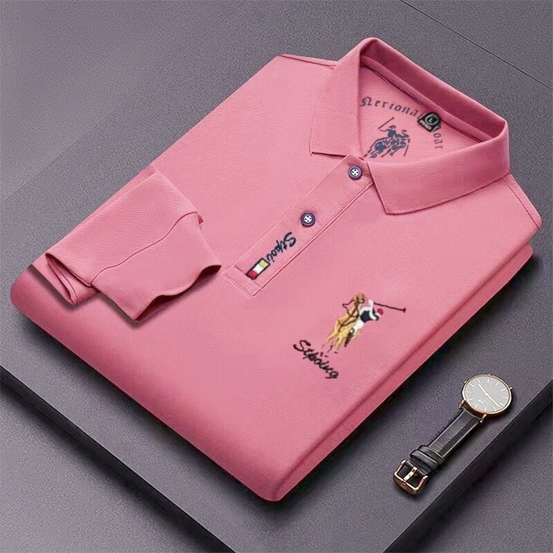 Business Foreign Trade Shirt Autumn and Winter Men's Long-sleeved T-shirt Embroidered Lapel plus size Polo Shirt Casual Middle-aged Loose Men's Clothing