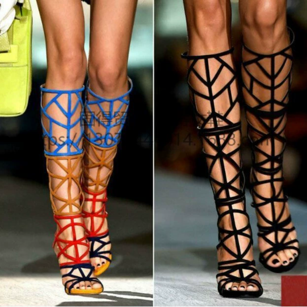 Трансграничная независимая станция ins модный Подиум лазерные полые сапоги на каблуке с открытым носком Внешняя торговля