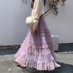 2025新款甜美百搭显瘦半身裙女秋冬紫色渐变网纱长款蛋糕裙子纱裙