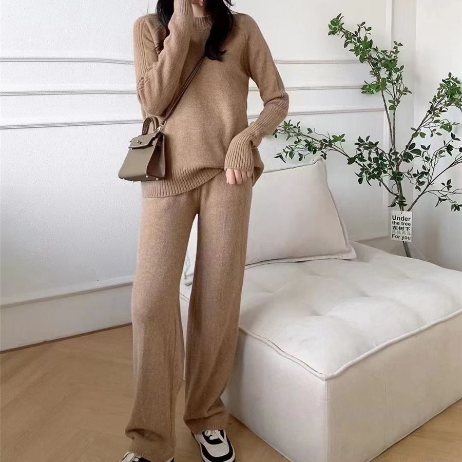 (2개) 국경을 넘는 일본과 한국 패션 우아한 투피스 세트 2023 새로운 니트웨어 슬림 핏 스웨터 바지 세트 여성