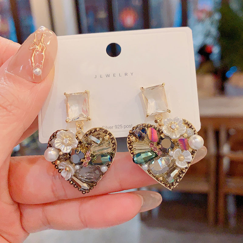 小眾設計感復古輕奢重工水晶心形耳環女手工款心形耳釘高級感耳飾