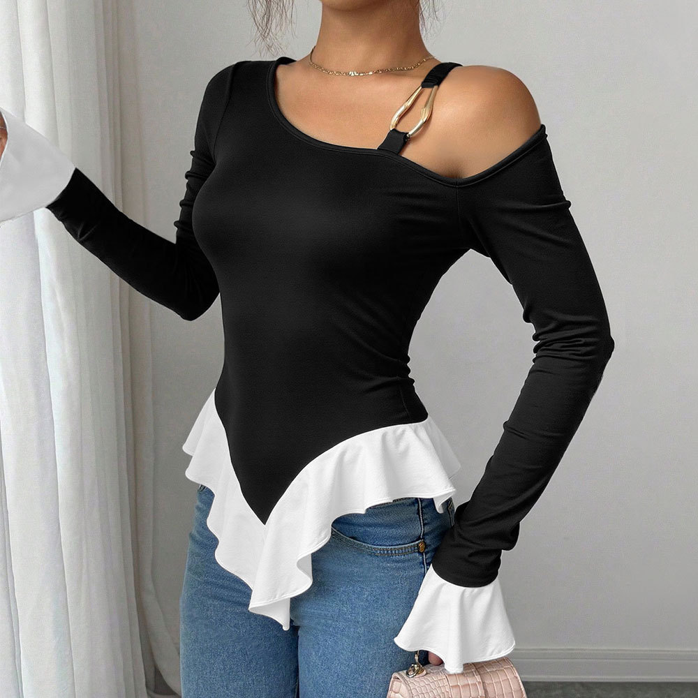 Black One-Shoulder Suspender Metal Ring Buckle Decoration Short Front and Long Back White Ruffled Hem Contrasting Autumn and Winter Tops for Women