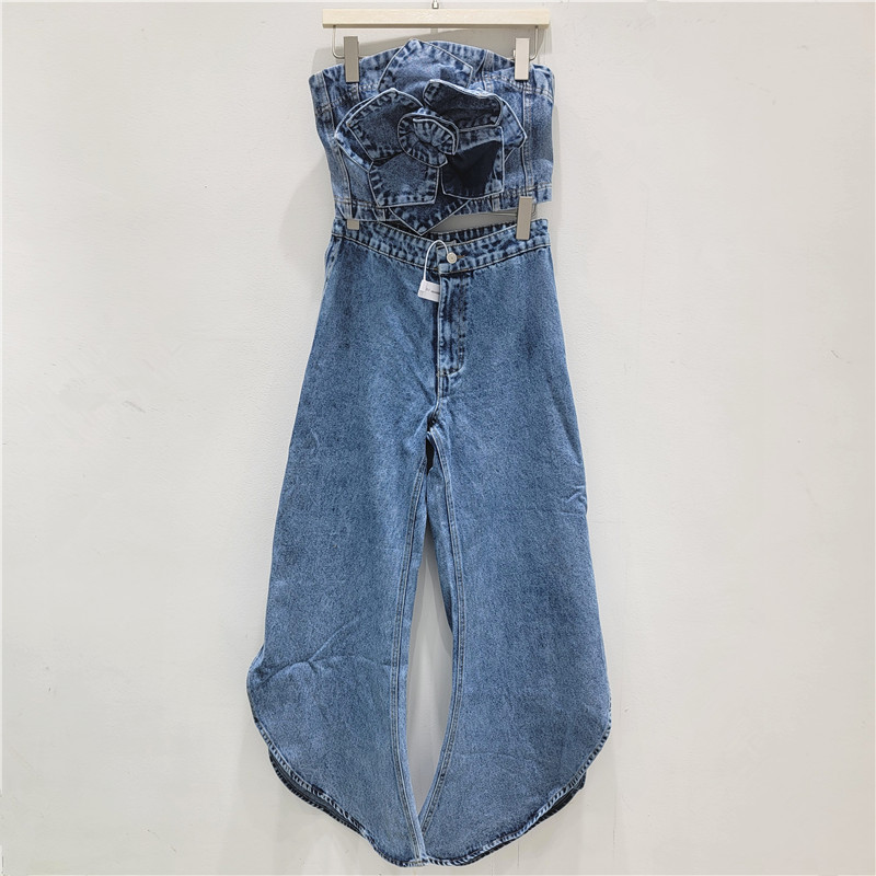2026 primavera y verano nuevo diseño retro vaqueros estereoscópicos flor blusa de pecho + conjunto de pantalones vaqueros