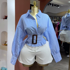 欧美跨境女装2025秋季新款设计感翻领收腰系带短款条纹长袖衬衫