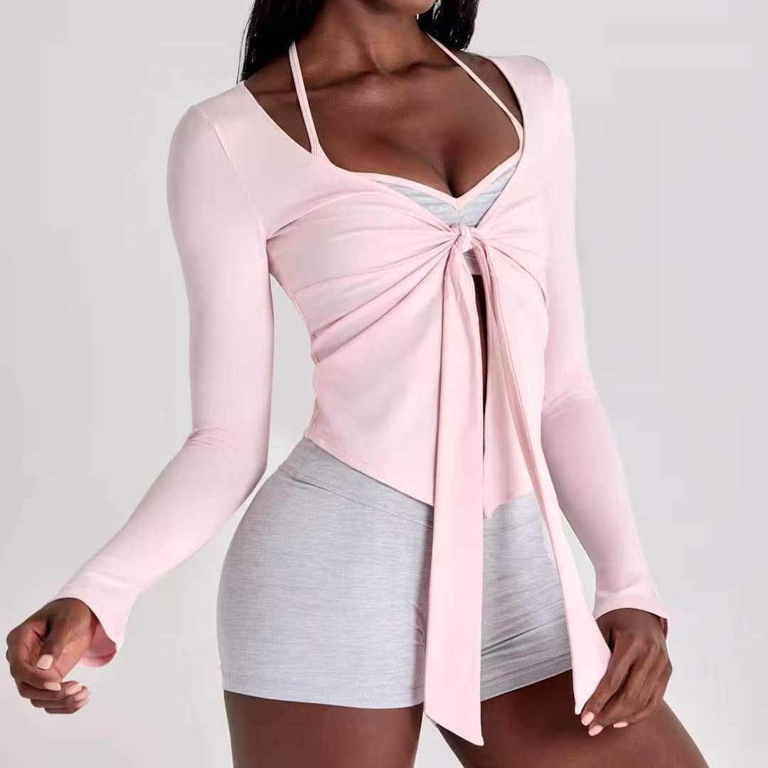 2026 chaqueta de yoga alta elástica pro-piel V corbata de manga larga deportes de comercio exterior fuera de la calle doble ajuste Pilates fitness