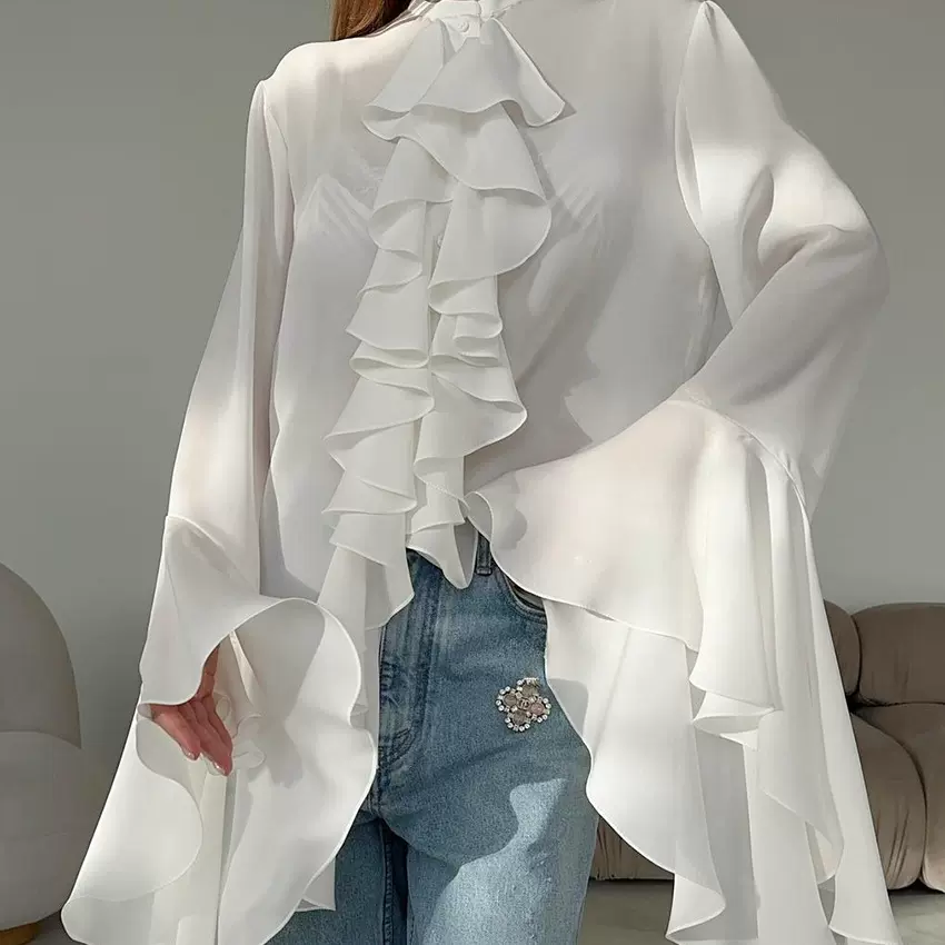 白色雪纺设计感圆领喇叭袖荷叶边女式衬衫2025欧美春夏新款时尚女