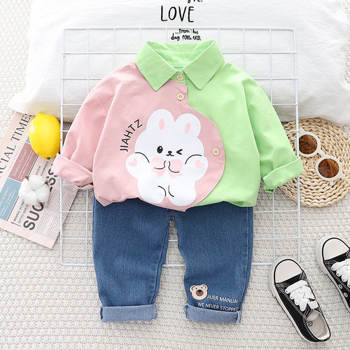 Girls' Spring and Autumn Suit Little Girl Baby Cartoon Rabbit Shirt Jeans Two-piece Set Infant and Toddler Fashion Western Style