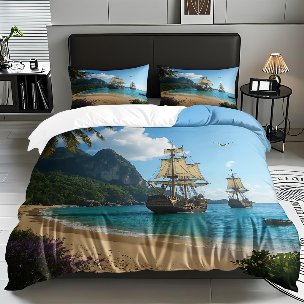 TEMU / JIT Amazonas textiles caseros transfronterizos hermosa vista al mar HD conjunto de edredón de impresión digital para diseñar