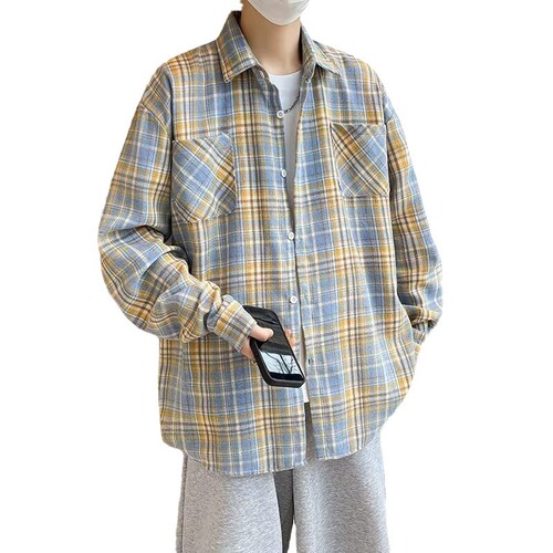 American retro sanded plaid shirt, men's organ pocket, vintage vintage, lazy long-sleeved shirt and coat