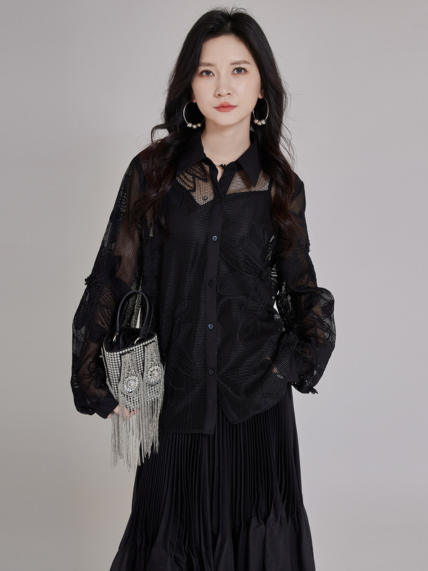 【温柔绘花】小众设计重工蕾丝刺绣花朵衬衫女2025秋廓形别致上衣|undefined