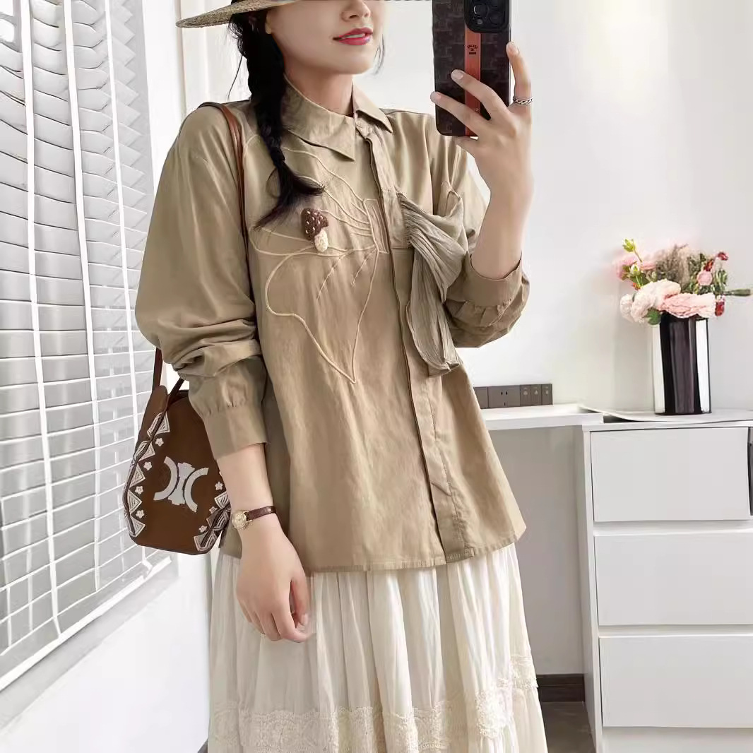 Autumn design elegant solid color shirt with bow for leisure