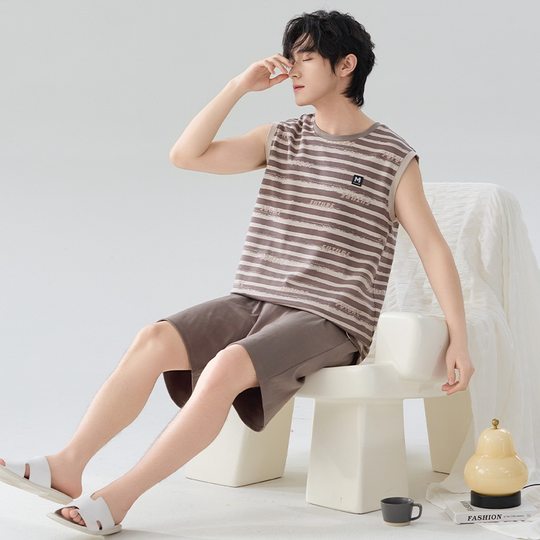 Pajamas Men's Summer Pure Cotton Thin Vest Sleeveless Waistcoat Shorts Outwear Casual Home Clothes plus size suit