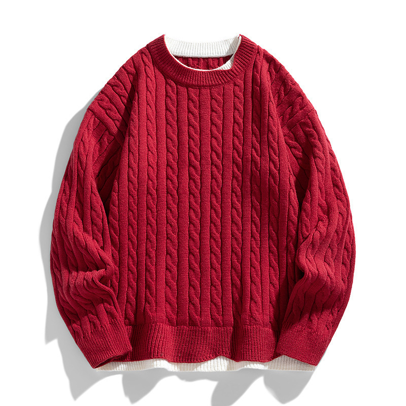 Al por mayor transfronterizo falso suéter de dos piezas para hombres más vello grueso calentamiento flor de lino grueso manga larga camiseta de punto ocio ancho