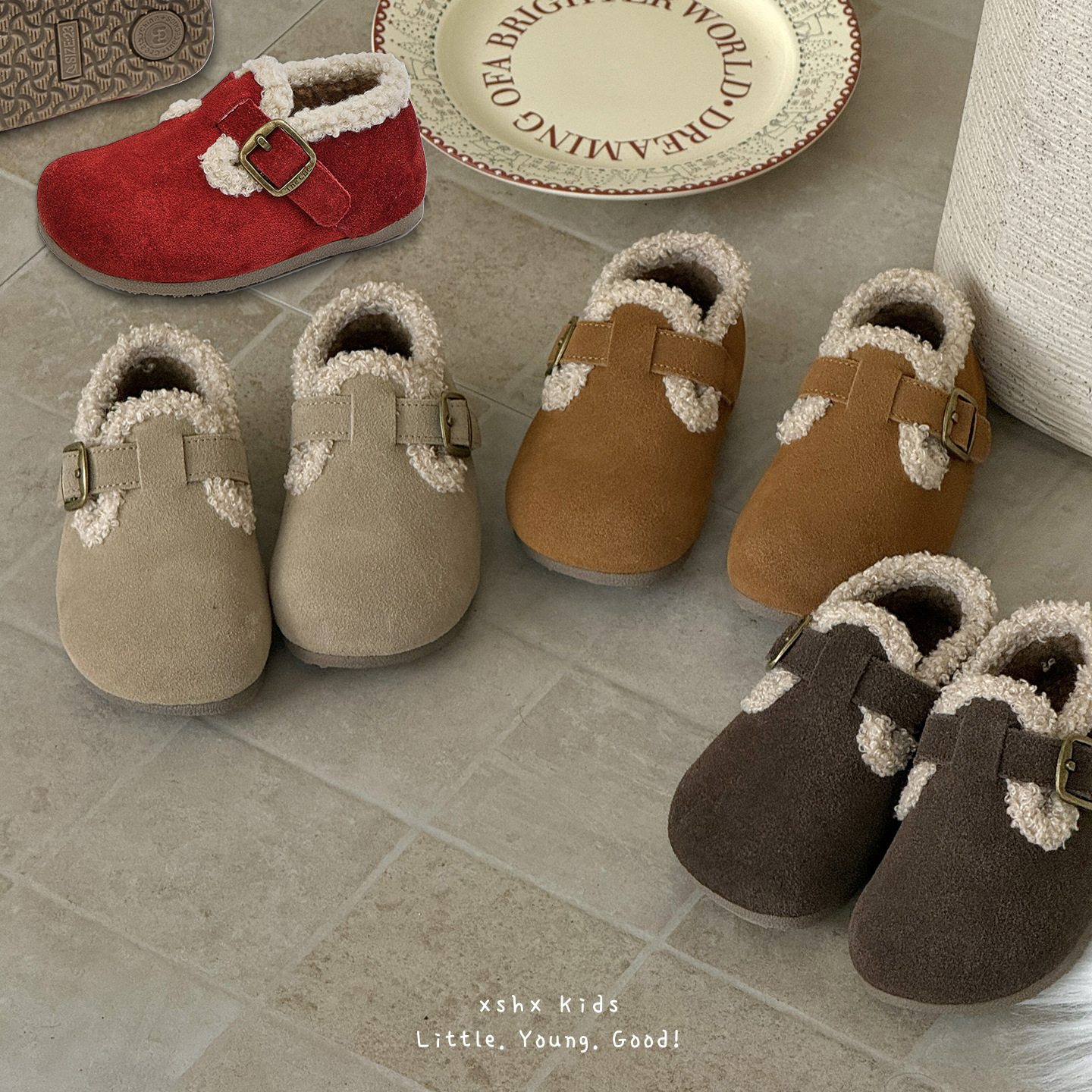 Xshx Lamb Leather | Boys and Girls Autumn and Winter Thickened Warm Functional Thin-Soled Velcro First-Layer Cowhide Genuine Leather