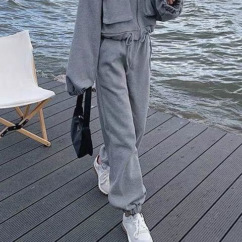 灰色时尚休闲工装套装女2025秋季新款韩版宽松短外套阔腿裤两件套|undefined