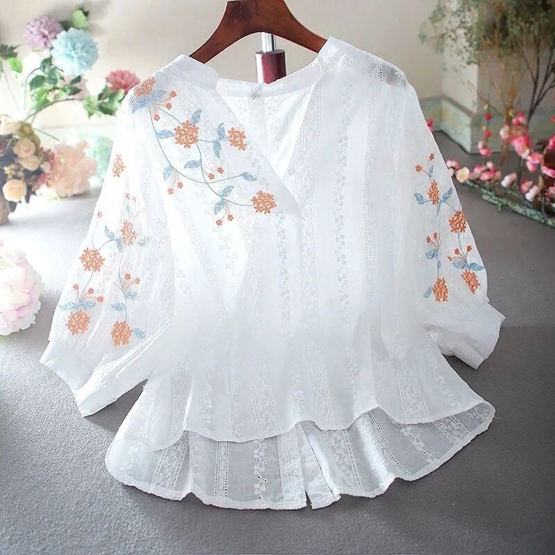 V-Neck Design, Fresh and Simple Pure Cotton Shirt with Short Front and Long Back, 2026 Lace Embroidered Women's Top, Summer Pastoral Style V-Neck Design, Fresh and Simple Pure Cotton Shirt with Short Front and Long Back, 2026 Lace Embroidered Women's Top, Summer Pastoral Style