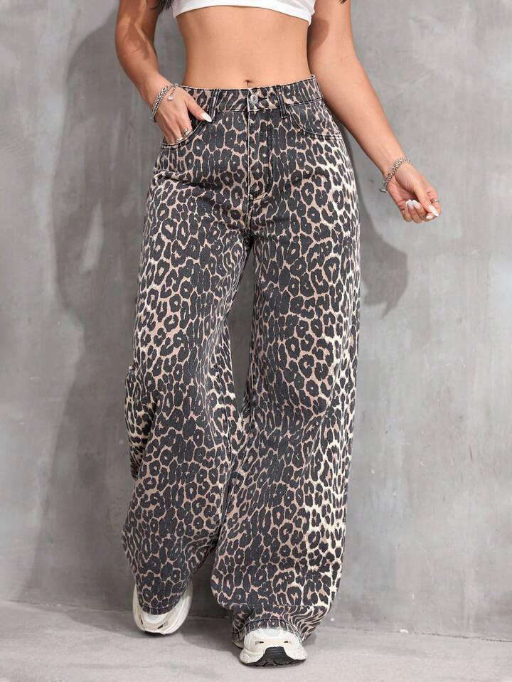 Cross-Border Trendy Brand Leopard Print Straight-Leg Casual Pants Long Pants 2025 Early Spring American Retro Design Jeans