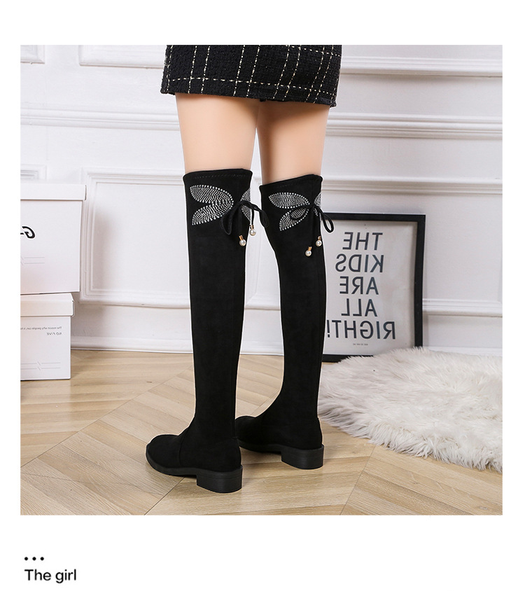 Autumn and winter new chunky heel rhinester bow thigh-high boots slim plus size elastic boots_voghion.com