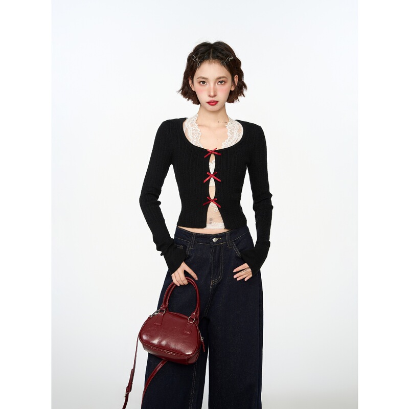Black Bow Long-Sleeved Knitwear for Women in Spring and Autum Short Lace Inner Slim Fit Pure Desire Bottoming Top