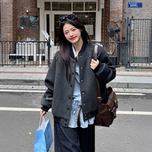 美式复古毛呢棉衣外套女2025秋冬新款超火休闲灰色棒球服夹克棉服