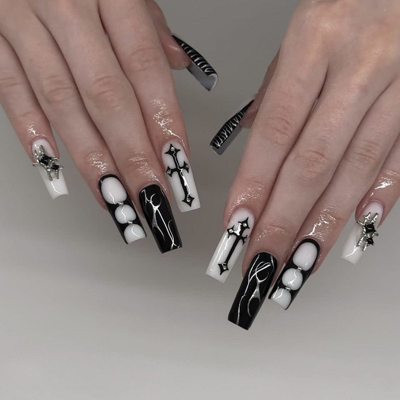 Wearing Armor Long Coffin Black and White French Zebra Pattern Star Mount Decoration Removable Fake Nail Patch Nails Wearing Armor Long Coffin Black and White French Zebra Pattern Star Mount Decoration Removable Fake Nail Patch Nails