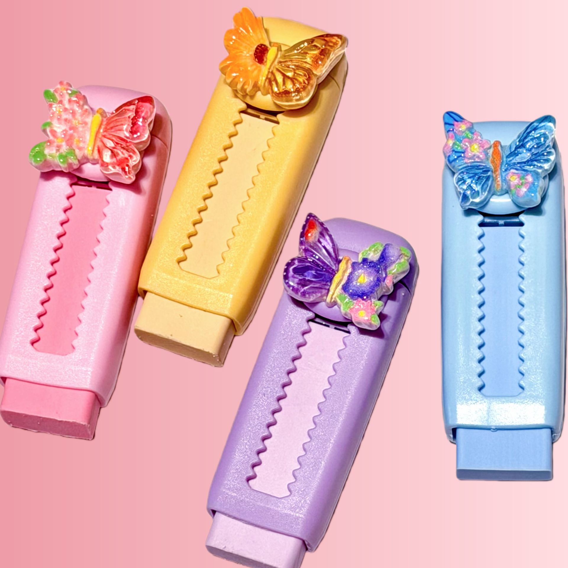 Papelería de dibujos animados de color mariposa empujando y tirando borradores de lápiz limpio borradores de lápiz limpio borradores de lápiz limpio