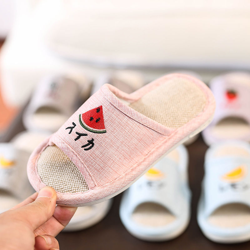 Spring and Autum Kidsren's Cotton and Linen Sweat-Absorbent Breathable Floor Slippers for Girls and Boys Cartoon Indoor Slippers