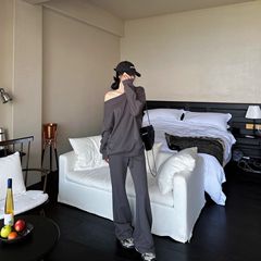 春秋韩系穿搭休闲慵懒风斜领露肩无帽长袖卫衣阔腿长裤两件套装女