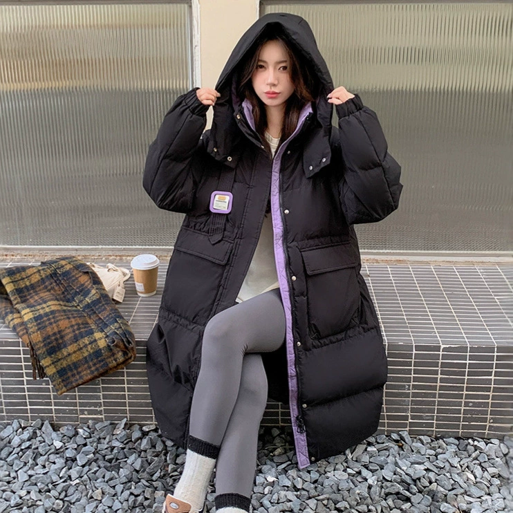 2025 новый корейский стиль, длинная зимняя свободная пуховая куртка больших размеров из ангоры с контрастным красным цветом, 230