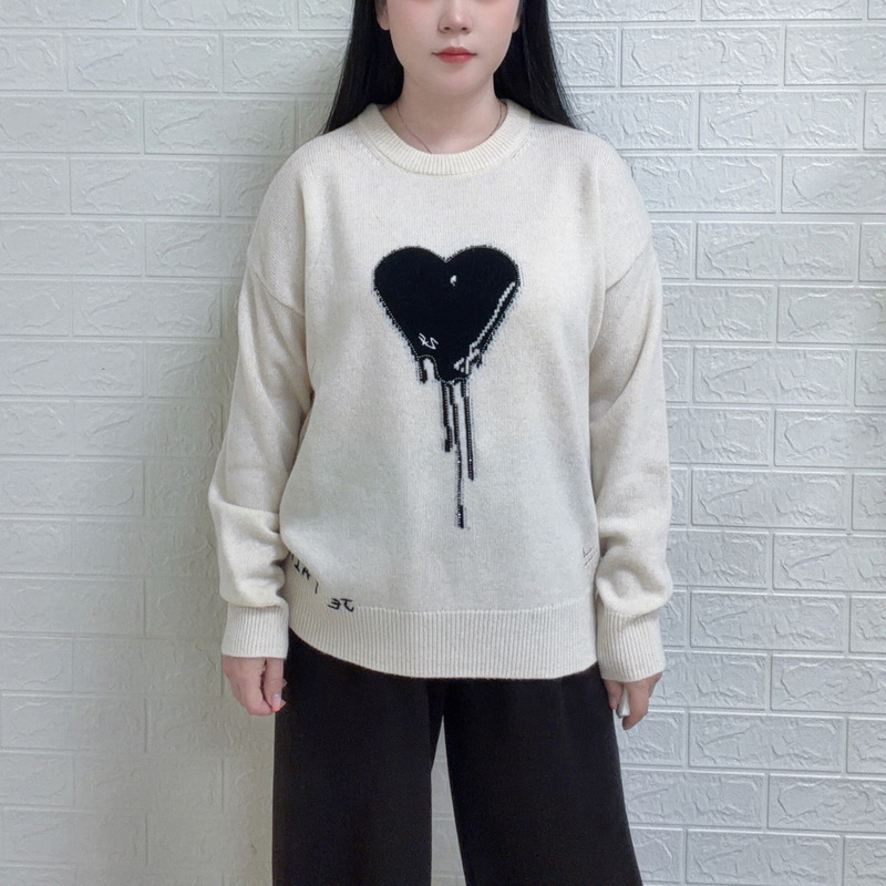 Zv 2025 Autumn and Winter Cashmere New Style Rhinestone Trimmed Heart Letter Embroider Work Clothing Versatile Women's Knitwear