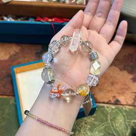 发晶白水晶音符绿幽灵黄胶花白水晶925银南红胶花水晶柱手链手串