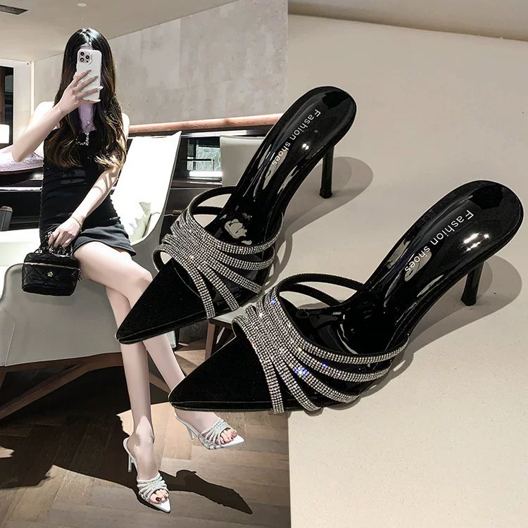 Босоножки на шпильке с открытым носком, летняя новинка 2025 года, с блестками, в стиле феи, сексуальные, на одной линии.
