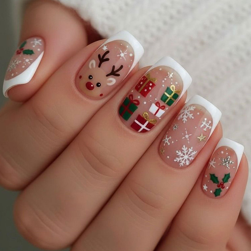 Christmas Wearable Square White French Edge Reindeer Snowflake Gift Box Pattern Printed False Nail Stickers Christmas Wearable Square White French Edge Reindeer Snowflake Gift Box Pattern Printed False Nail Stickers