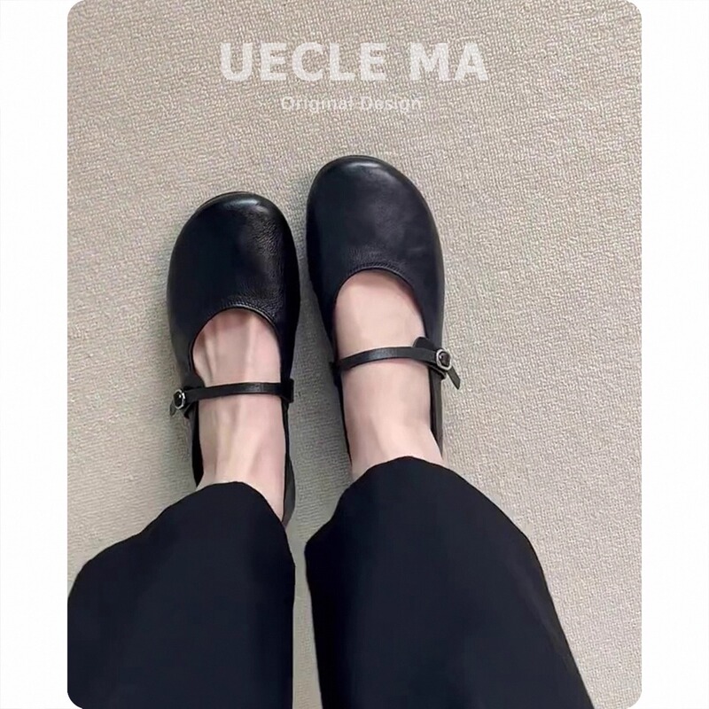 超软羊皮~平底单鞋女法式配裙子软底芭蕾鞋黑色通勤复古玛丽珍鞋|undefined