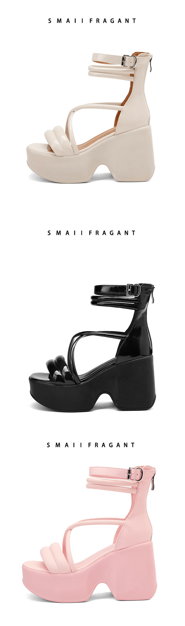 Sandal cao gót La Mã hở mũi đế platform dây kéo sau gót 10 cm — Màu đen, Màu hồng, Màu trắng be chi tiết 14