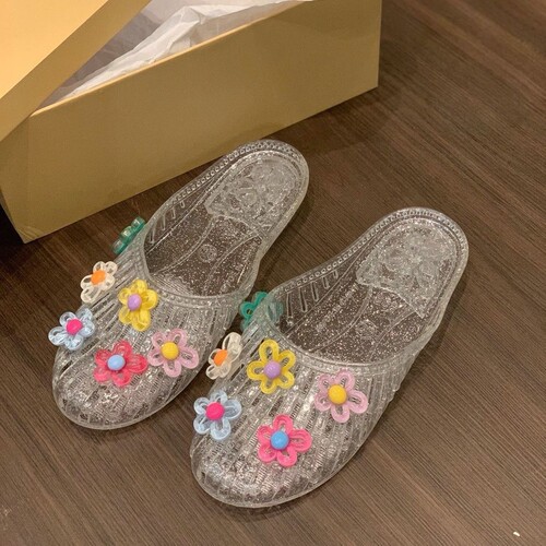 Crystal shoes, sandals, flat, transparent, semi-draped, wearing shoes, jelly, 2025 soft sole slippers, topless women's shoes