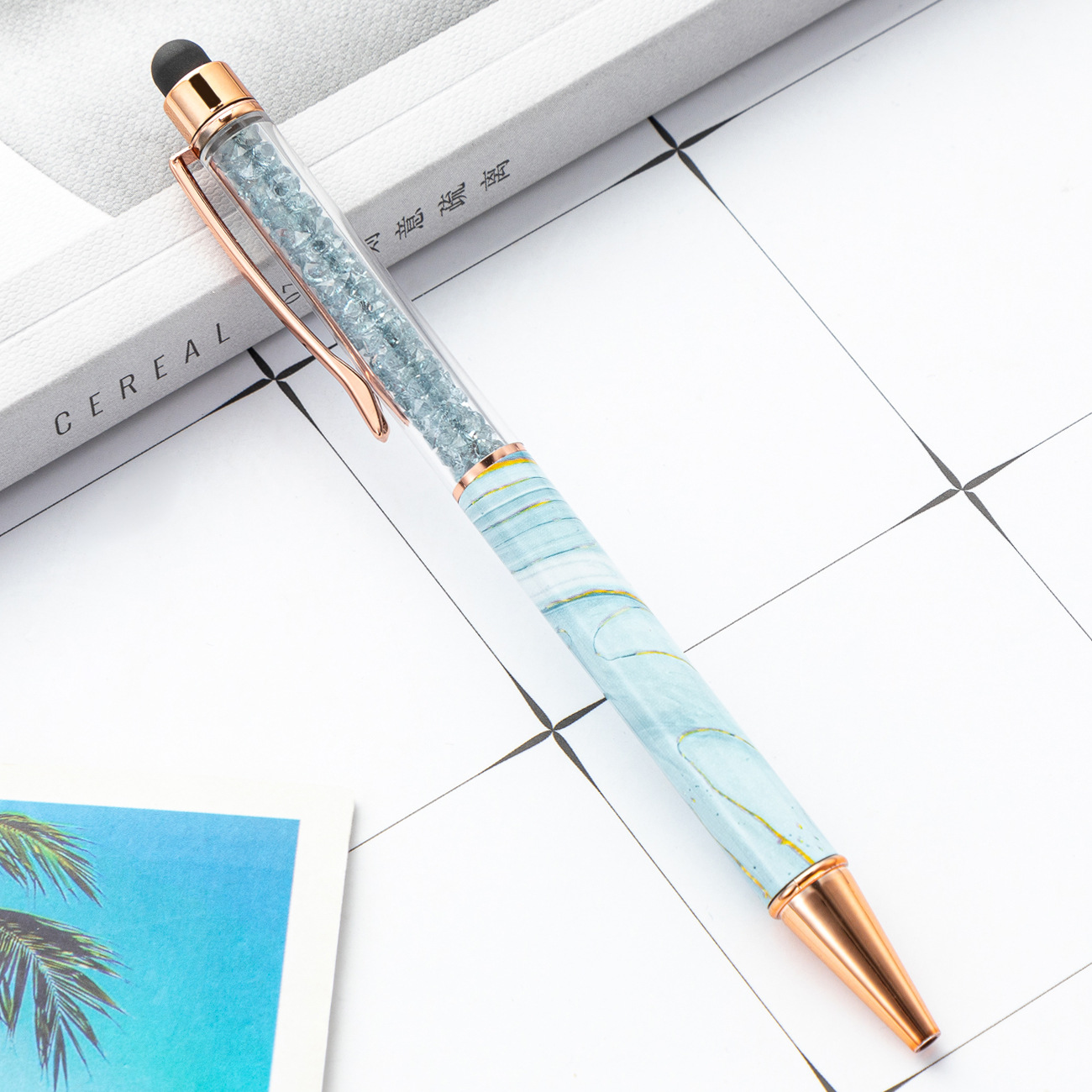 Impresión de transferencia térmica película de cristal bolígrafo creativo estudiantes jóvenes bolígrafo de pantalla táctil de capacitancia rotativa multicolor mármol lápiz de metal