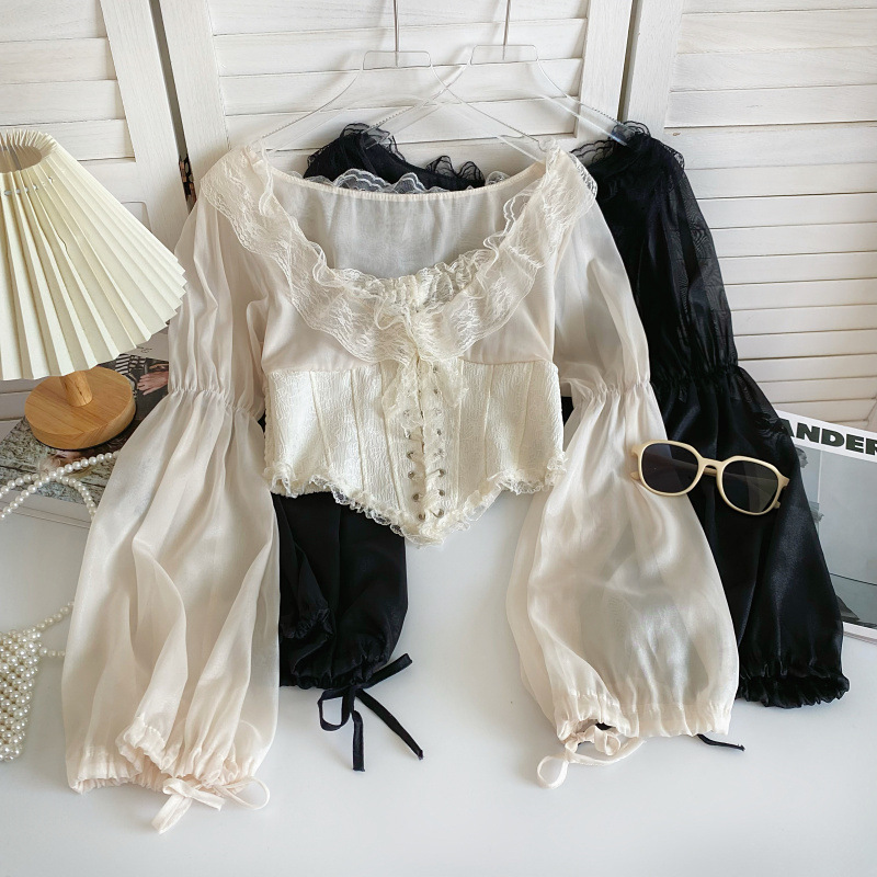 Cross-Border French Design Palace Style Strappy Shirt for Women Autum Puff Sleeves Sweet Age-Reducing V Neck Lace Short Style Cross-Border French Design Palace Style Strappy Shirt for Women Autum Puff Sleeves Sweet Age-Reducing V Neck Lace Short Style